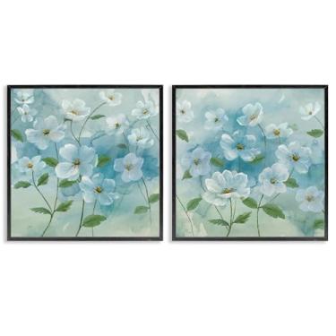 Imagem de Stupell Industries Conjunto de arte de parede giclée emoldurado em preto com flores de maçã azul e branco 2 peças por Nan, 12 x 12
