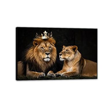 Imagem de Arte de parede em tela casal leão preto e branco imagens de leões decoração de parede rei e rainha com coroa dourada impressão de pôster 60 x 40 cm (24 x 16 pol) moldura preta