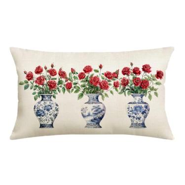 Imagem de Capas de almofada rosa vermelha 30,5 x 50,8 cm, fronhas decorativas de vaso chinoiserie para sofá, poltrona, escritório, sala de estar, quarto, decoração de travesseiro ao ar livre