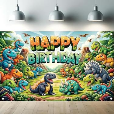 Imagem de Starlit Patio Pano de fundo de aniversário de dinossauro, faixa de feliz aniversário, decoração de festa infantil, fundo jurássico, colorido, cenário de fotografia de dinossauro, material de festa de