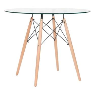 Imagem de Mesa de Jantar Redonda Eames Eiffel Tampo Vidro Temperado Base Madeira 90cm
