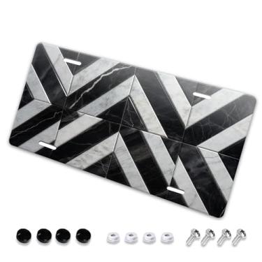 Imagem de Capa para placa de carro xadrez preto geométrico mármore - etiqueta artística de alumínio para carro, à prova de ferrugem, design exclusivo - 15 x 30 cm