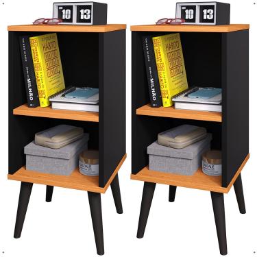 Imagem de Kit 2 Mesas de Cabeceira Charme Retrô Nicho Mesinha Pequena Lateral Cama Box Casal Decoração Quarto - Preto/Cinamomo - rpm