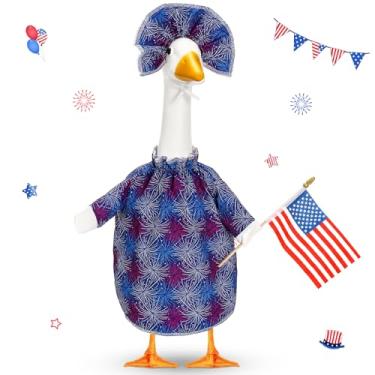 Imagem de Silicherry Conjunto de roupa de ganso de 4 de julho para gramado de plástico de 58 cm, roupa de estátua de ganso com bandeira patriótica, saia, biquíni, dia da independência, fantasia para 4 de julho