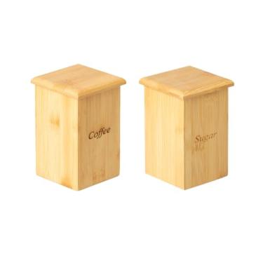 Imagem de Kit Porta Alimentos de Bambu Premium Pote Café, Pote Açúcar Quadrado Minimalista 9x9x14cm Porta Mantimentos Decorativo Moderno Elegante Ecológico e Sustentável para Cozinha