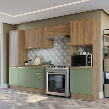 Imagem de Cozinha Completa Kappesberg Botanic Flora com 12 Portas, 3 Gavetas, 11 Prateleiras, Nicho e 330cm de largura - Nogueira/Verde Oliva