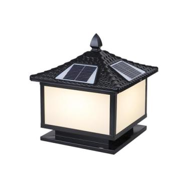 Imagem de CUTPOIY Tampas de poste solar, luminárias, luz de coluna ao ar livre com base de montagem no cais, lâmpadas de pilar pretas externas, luz de poste alimentada por energia solar, à prova d'água, luzes
