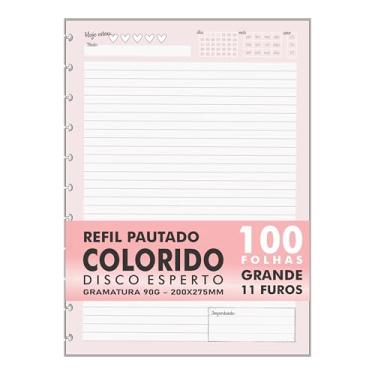 Imagem de Refil Genérico Colorido Rose Pautado Compatível Caderno Discos/Inteligente 100 Fls Grande 11 Furos 90g