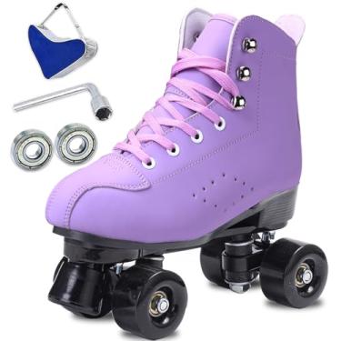 Imagem de SCNUT Skates patins femininos masculinos de couro PU preto de cano alto clássicos patins de fileira dupla ajustáveis ao ar livre patins quadriciclos e derby de rolo (roda roxa preta, 44-feminino10