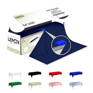Imagem de LEMON + Co. Rolo de toalha de mesa de plástico premium azul-marinho - 137 cm x 100 pés para festas com caixa cortadora - toalha de mesa retangular e redonda descartável de plástico