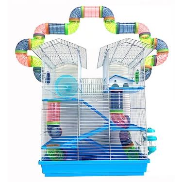 Imagem de 5 andares grande torre gêmea síria hamster roedor, ratos ratos ratos gaiola doméstica com túnel de tubo cruzado expansível e personalizável com Hide House roda de corrida prato de comida garrafa de