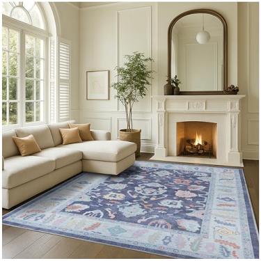 Imagem de Fame Rugs Tapete Oushak moderno, 12 x 18, vintage turco azul marinho oriental inspirado na antiguidade, tapetes Washalbe dobrável de luxo para sala de estar quarto (388NB, 4'9 x 6'9)