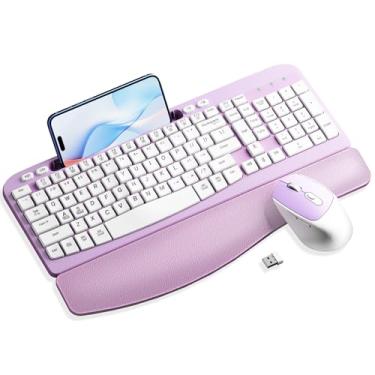 Imagem de Combo de teclado e mouse sem fio, teclado ergonômico Wave Keys com descanso almofadado, suporte de telefone, conjunto de mouse sem fio silencioso de 6 botões de 2,4 GHz para laptop, PC, Windows, Mac