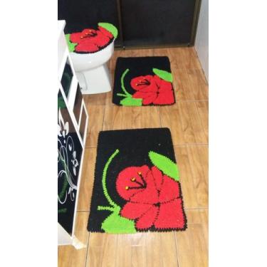 Imagem de Tapete de frufru Personalizado Banheiro 3 Peças Preto Flor Vermelha Fu