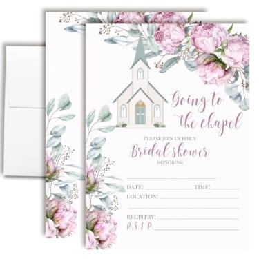 Imagem de Convites para chá de panela Going to the Chapel - 20 5x7 cartões de preenchimento com envelopes - Convites de chá de casamento com design capela e floral por AmandaCreation