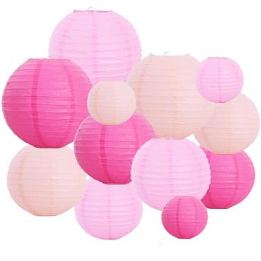 Imagem de Lanternas de papel rosa mistas lanternas decorativas chinesas/japonesas penduradas de papel redondas