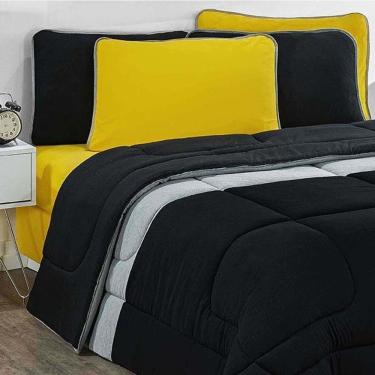 Imagem de Kit Edredom + Jogo De Lençol Malha 100% Algodão Urbano 7 Peças Queen - Preto-mescla-amarelo