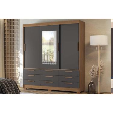 Imagem de Guarda Roupa Casal 3 Portas de Correr (1 c/ Espelho) e 9 Gavetas c/ Pés Morretes 3.9 Jatobá/Grafite - Santos Andirá