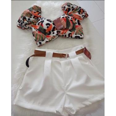 Imagem de conjunto de cropped TAM M com Cropped Florido e Shorts Branco - naty ,