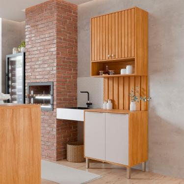 Imagem de Armário Aéreo Com Balcão E Painel Ripado Divina 80cm 4 Portas Cinamomo/Off White