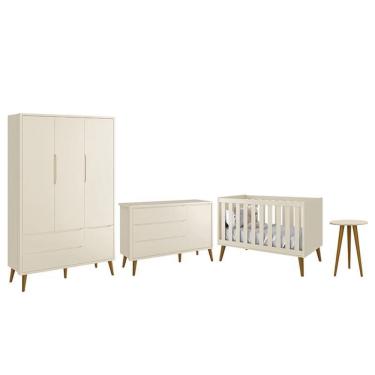 Imagem de Dormitório Infantil Theo Retrô 3 Portas, Cômoda 1 Porta, Berço e Mesa de Apoio com Pés Amadeirado - Reller Móveis Areia Fosco