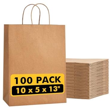 Imagem de RACETOP 100 sacos de compras kraft 25 x 33 cm em sacos de papel marrom com alças a granel, saco de presente de papel reciclado para lembrancinhas de festa de aniversário, mercearia, varejo, compras