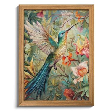 Imagem de Arte de parede texturizada 3D vintage emoldurada - Decoração de parede floral de beija-flor colorida - Imagem botânica de natureza arenito pintada à mão para sala de estar quarto decoração de casa 61