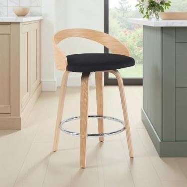 Imagem de Armen Living Banqueta Sonia moderna giratória com assento estofado preto e acabamento de madeira de carvalho estampado