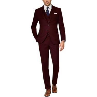 Imagem de Terno Masculino De 3 Peças Slim Fit Dois Botões Smoking Para Festa De Casamento De Negócios, Dark Burgundy, 50