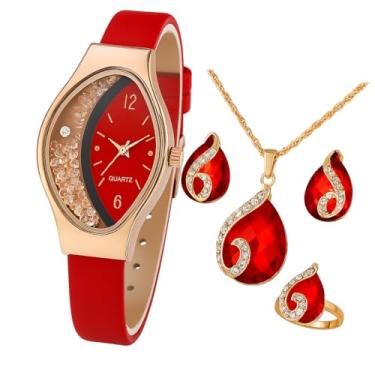 Imagem de VINKIN Kit Relógio Feminino com Acessórios, Vermelho e Dourado, Pulseira 23cm, Conjunto com Colar, Anel e Brincos (Vermelho)