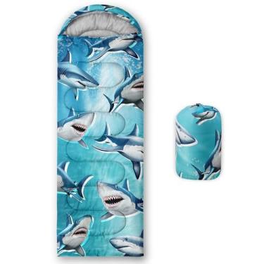 Imagem de HOSIMA Saco de dormir de tubarão para acampamento, tema animal, saco de dormir para crianças, meninos, meninas, saco de dormir ultraleve para adultos e crianças, caminhadas, atividades ao ar livre.