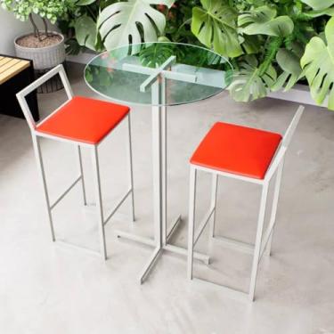 Imagem de Conjunto Mesa Alta Bar Bistrô Redonda Vidro 2 Banquetas Confort Estofado Industrial White (Vermelho)