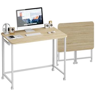 Imagem de JSB Pequena mesa dobrável para computador com bolsa de armazenamento e gancho, mesa de trabalho industrial, moderna, laptop para escritório em casa, branco (natural e branco, 80 cm)