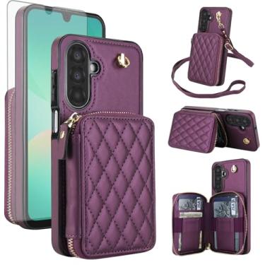 Imagem de Capa de celular para Samsung Galaxy A26 5G carteira de celular com protetor de tela de vidro temperado alça transversal para pulso com suporte para cartão de crédito com bloqueio RFID A 26 26A LTE