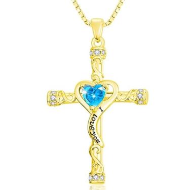 Imagem de VANAODUC Colar feminino com cruz de pedra do mês de nascimento, ouro 14K, ouro branco 18K, ouro rosa, pingente feminino I Love You, presente de aniversário e Natal para sua mãe, esposa, namorada