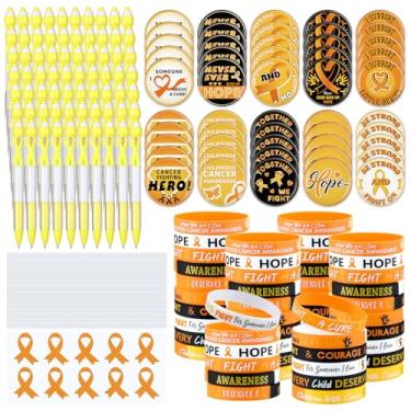 Imagem de PullCrease 400 peças/100 conjuntos de kit de conscientização sobre o câncer infantil, inclui canetas de fita dourada, adesivos, pulseiras de silicone, emblemas, alfinetes para conscientização do