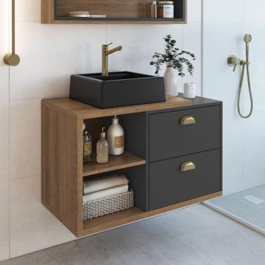 Imagem de Gabinete de Banheiro Suspenso 80cm com 2 Gavetas e Cuba Helena Mel/Grafite