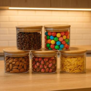 Imagem de Kit 05 Pote De Vidro Hermético Tampa De Bambu Multiuso 500ml Porta Man