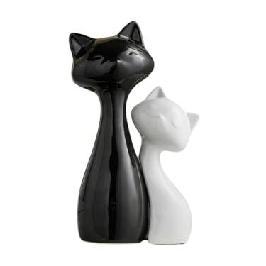 Imagem de KiBcsLic Estatuetas de gatos para casal, enfeite de mesa, gatinho moderno fofo, decoração, escultura para estante, quarto, armário, decoração de casa, L Black S White