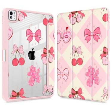 Imagem de Mektron Capa para M4 iPad Pro 11 polegadas 2024 com suporte para lápis, modelos compatíveis: A2836/A2837/A3006, capa à prova de choque transparente + suporte de três dobras, cereja com laços