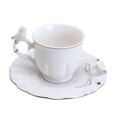 Imagem de Xícara de Café Porcelana Birds Branca Fio Dourado Pássaro com Pires 10