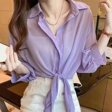 Imagem de Blusa Feminina De Verão Com Proteção Solar, Cor Sólida, Chiffon, Manga