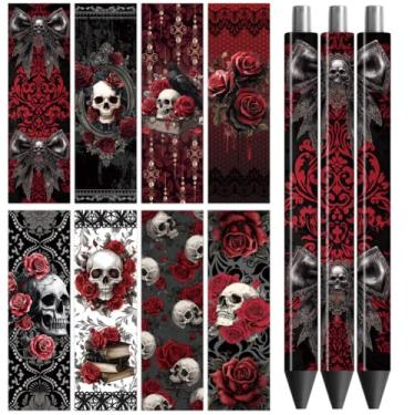 Imagem de Peacoblue Adesivo de transferência UV DTF com caveira gótica - 48 peças à prova d'água impressão HD UV DTF caneta adesivos decalques para caneta lápis personalizada DIY artesanato decorativo presentes