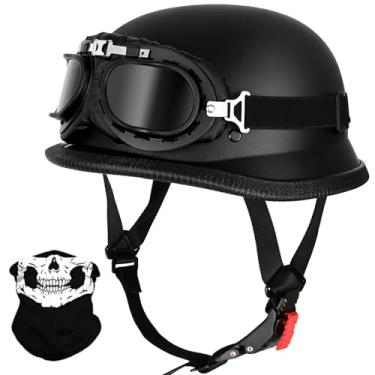 Imagem de Capacete de motocicleta, estilo alemão, meio capacete, caveira, adulto, masculino, feminino, metade do capacete, aprovado pelo DOT, retrô para cruiser scooter Chopper (preto fosco, GG)