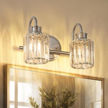 Imagem de ALAISLYC Luminária de banheiro de níquel escovado com abajur de cristal K9, iluminação de banheiro sobre espelho para sala de estar, quarto, banheiro, corredor, 2 luzes
