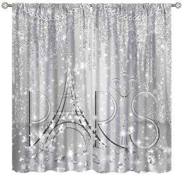 Imagem de Cortinas Paris para meninas prata glitter diamante romântico Torre Eiffel cortina impermeável pérolas e joias de luxo tratamentos de janelas para quarto, sala de estar, cozinha, banheiro 106,7 x 114,3