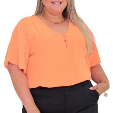 Imagem de Blusa Plus Size Feminina Manga Curta Godê Decote V com Botões Encapado
