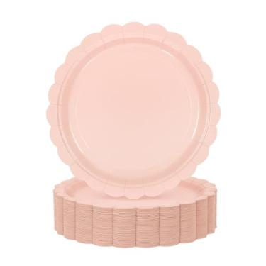 Imagem de sunepany 50 peças de pratos de papel rosa 17,8 cm, pratos de sobremesa recortados rosa claro descartáveis para formatura, chá de bebê, casamento, festa de aniversário, jantares, suprimentos