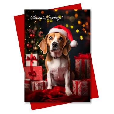 Imagem de CATNEVERLAND Beagle em chapéu de Papai Noel com presentes cartão de Natal de cães para coleção de Natal, em branco dentro, cartolina premium, envelope vermelho, feito por pequenas empresas que aceitam