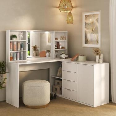 Imagem de Penteadeira Escrivaninha Versátil em L com Espelho Led 4 Gavetas 1 Por